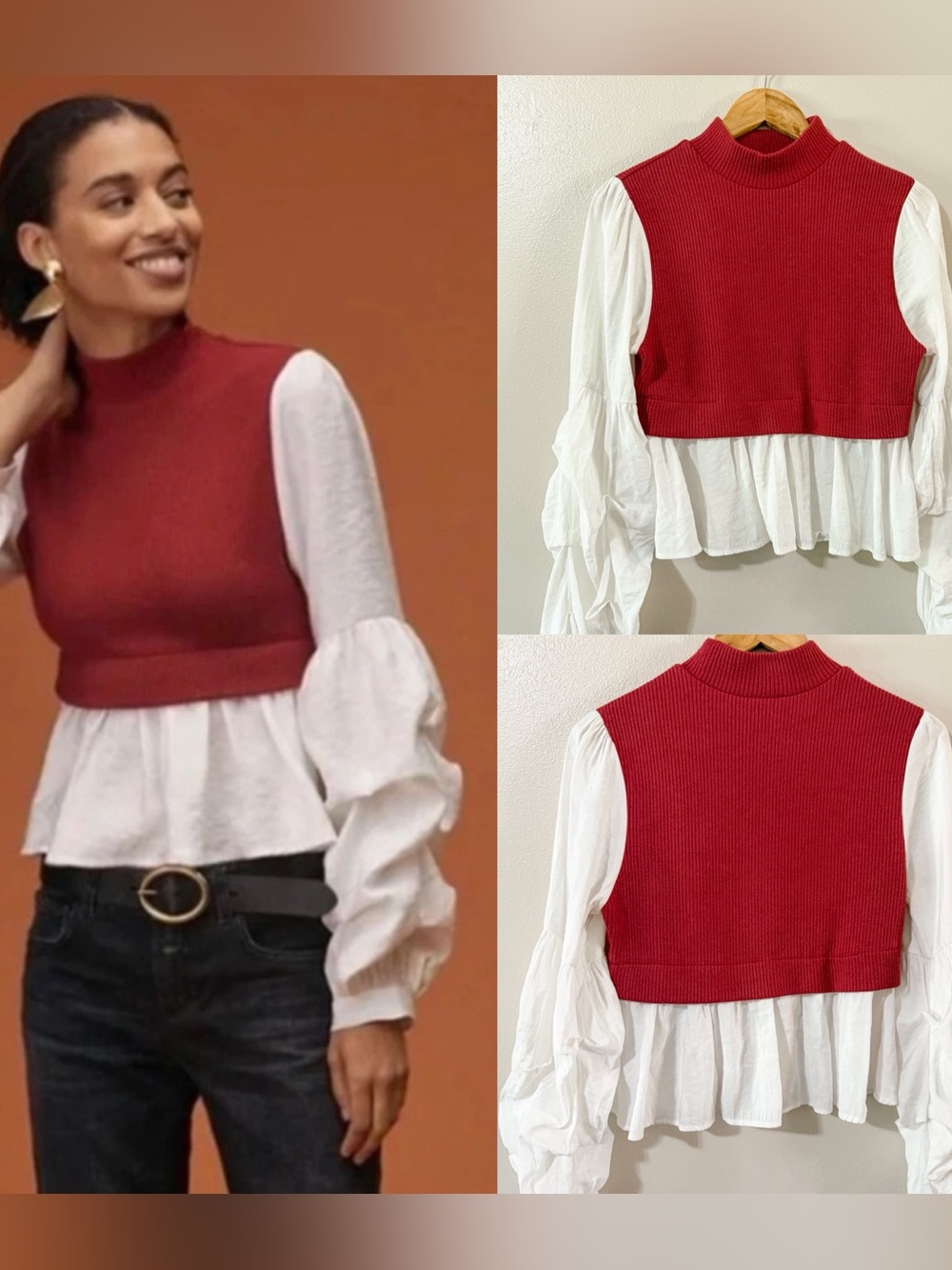 Anthropologie | Two-fer Sweater Blouse Top, Red & White, Medium